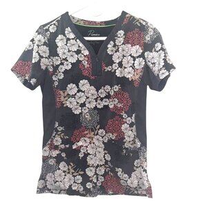 Premier By Healing Hands Floral Print V-Neck Scrub Top S Polyester/Spandex Blend